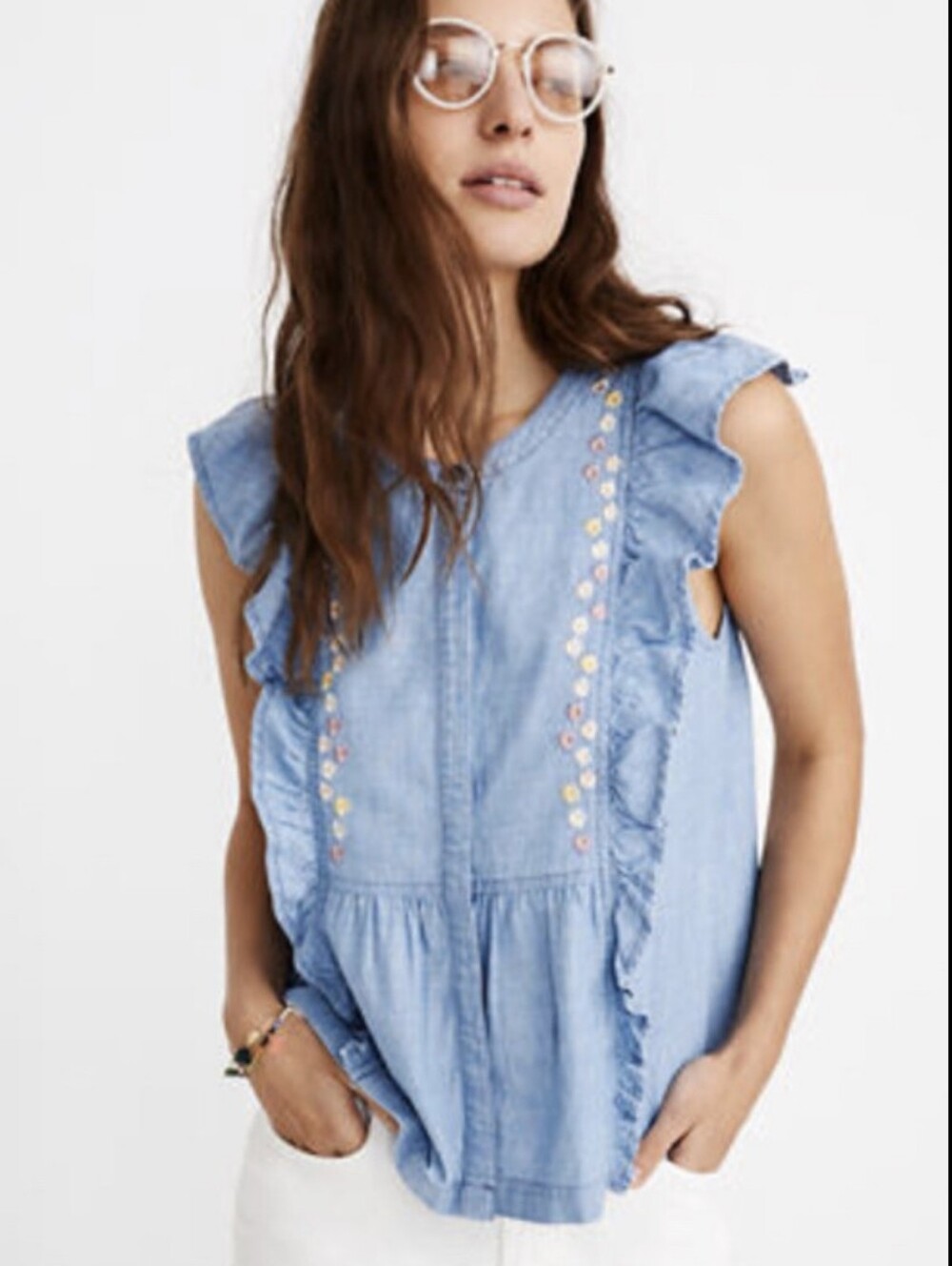 Madewell Light Blue Ruffle Floral Chambray Women's Top - S